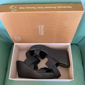 Italian Shoemaker Success Wedge Sandals, Black, Size 7